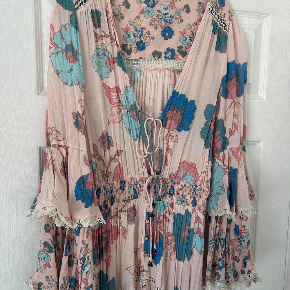 Free People Pink Maxi Dress with Teal and Blue Floral Print - Picture 2 of 4